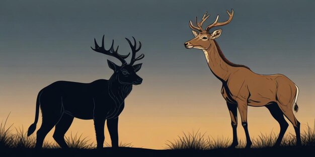 a deer and a deer are in a field with the sunset in the background