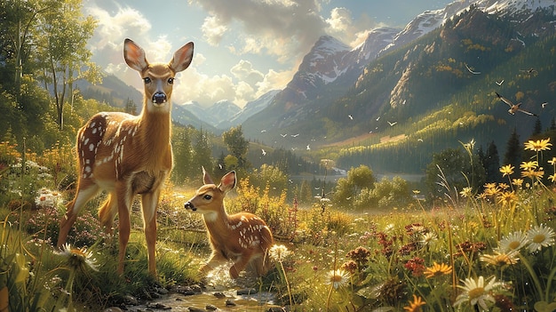 deer and deer in the wild with mountains in the background