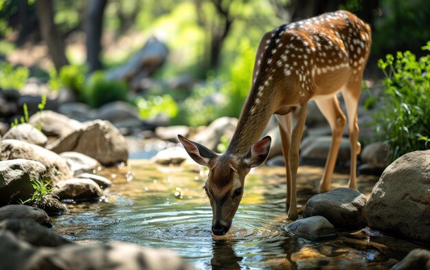 写真 水晶のようにきれいな小川の水を優しく飲んでいる鹿