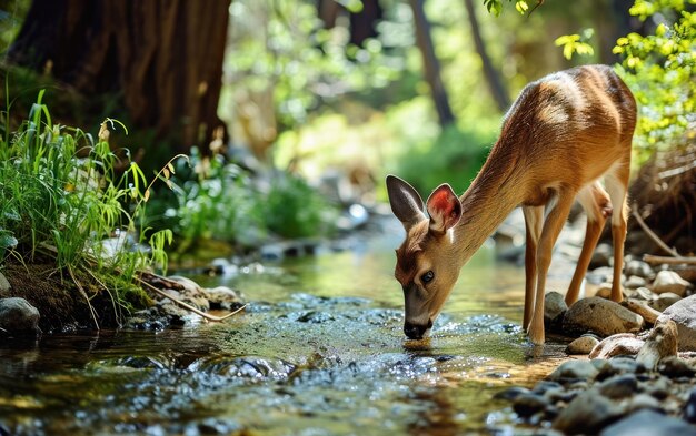 Deer delicately sipping water from a crystal clear stream