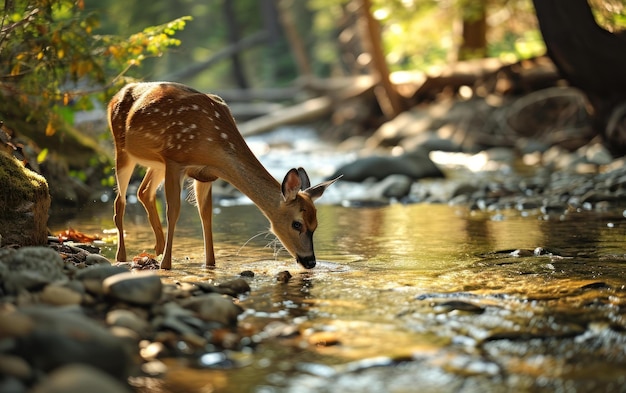 Deer delicately sipping water from a crystal clear stream