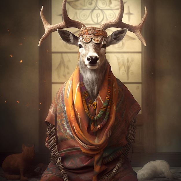 deer doe in boho bohemian medieval hippie outfit with beads surreal