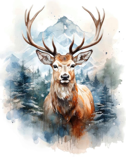 Deer Double exposure of a Deer and nature mountains trees in watercolor art