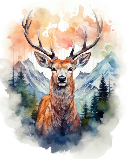 Deer Double exposure of a Deer and nature mountains trees in watercolor art