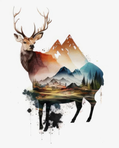 Deer Double exposure of a Deer and nature mountains trees in watercolor art