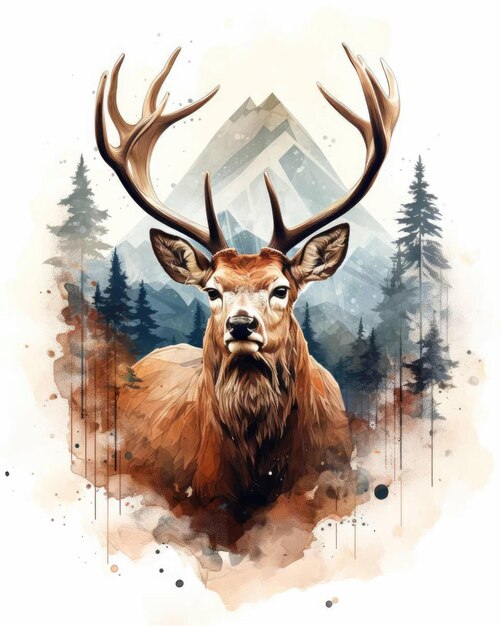 Deer Double exposure of a Deer and nature mountains trees in watercolor art