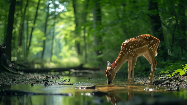 Photo deer drinking water from stream in forest