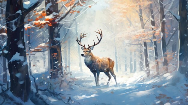 魅力 的 な 雪 の 森 の 鹿 たち 壮大な 冬 の 野生 動物