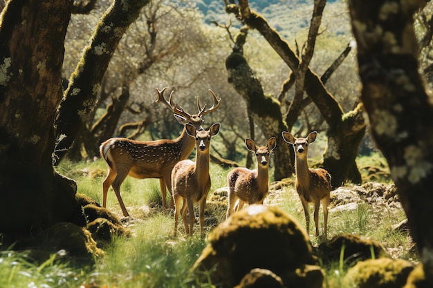 日光に照らされた森の空き地で草を食む鹿の家族