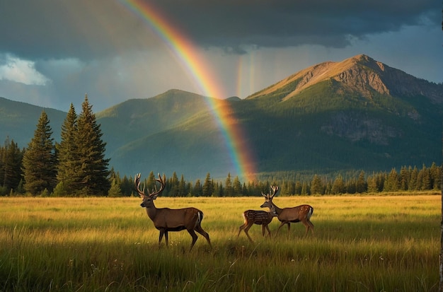 Deer Family in Meadow with Mountain Rainbow