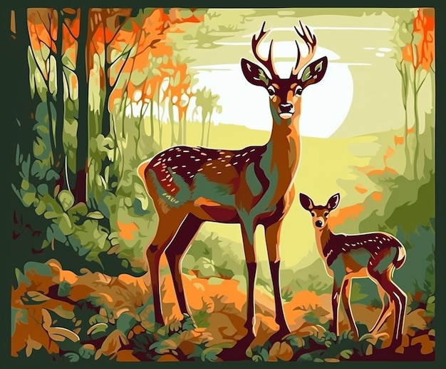 Deer and fawn in the woods paint by numbers kit generative ai