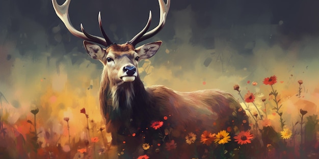 A deer in a field of flowers