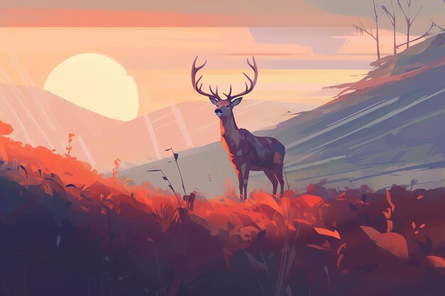 Deer in a field at sunset