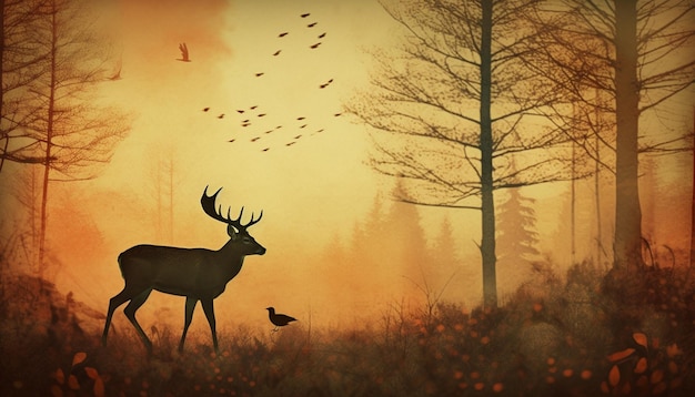 A deer in a field with a bird flying in the background.