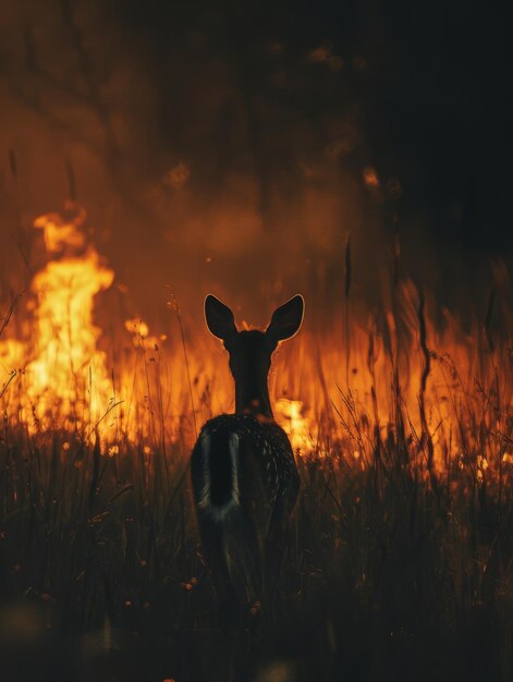 Photo a deer in a field with the fire behind it