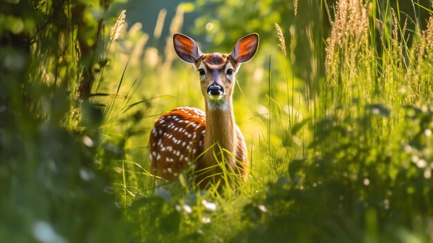Photo a deer in a field with a green leaf in the foreground