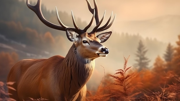 A deer in a field with a mountain background