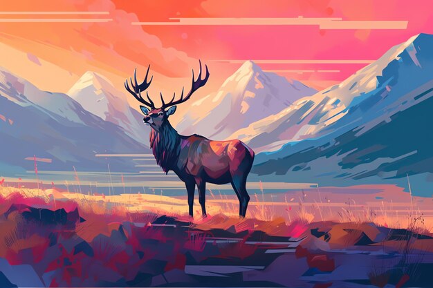 A deer in a field with mountains in the background