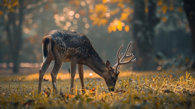 deer in a field with the sun shining through the trees