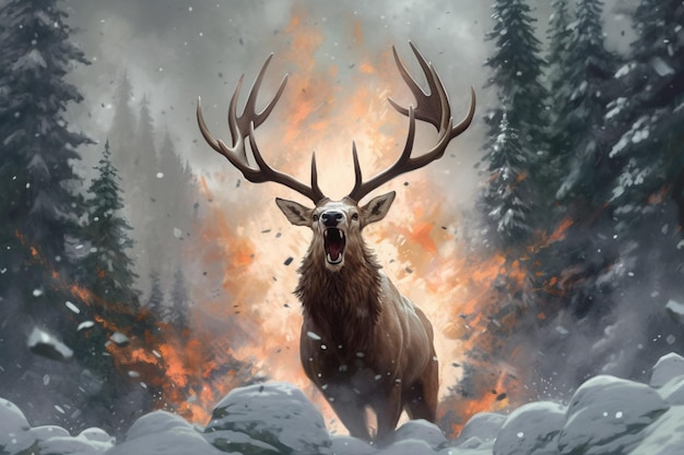 A deer in a fire with horns and horns