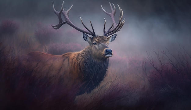 Photo a deer in the fog with its antlers up in the air