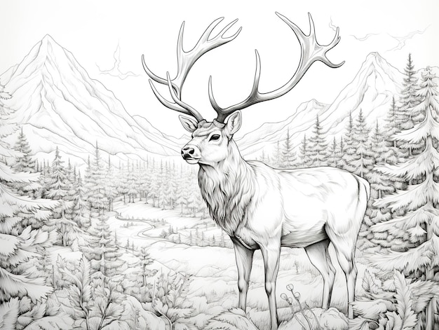 Deer in the forest Black and white illustration for coloring book Mountain Reindeer coloring page