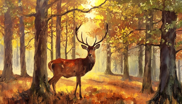 Deer in forest nature tree in high textured painting canvas