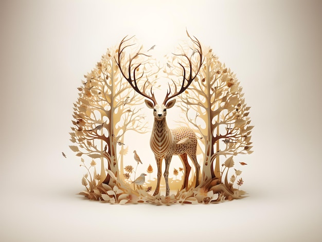 Deer in the forest paper art crafted paper Vintage style Generative AI