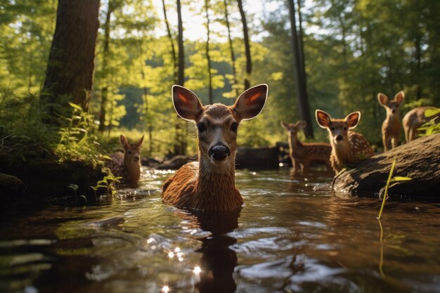 Photo deer in the forest in a pond