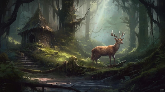 A deer in the forest with a bird on the back