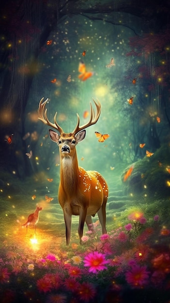 A deer in the forest with butterflies