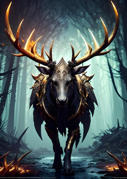 A deer in a forest with a crown on its head