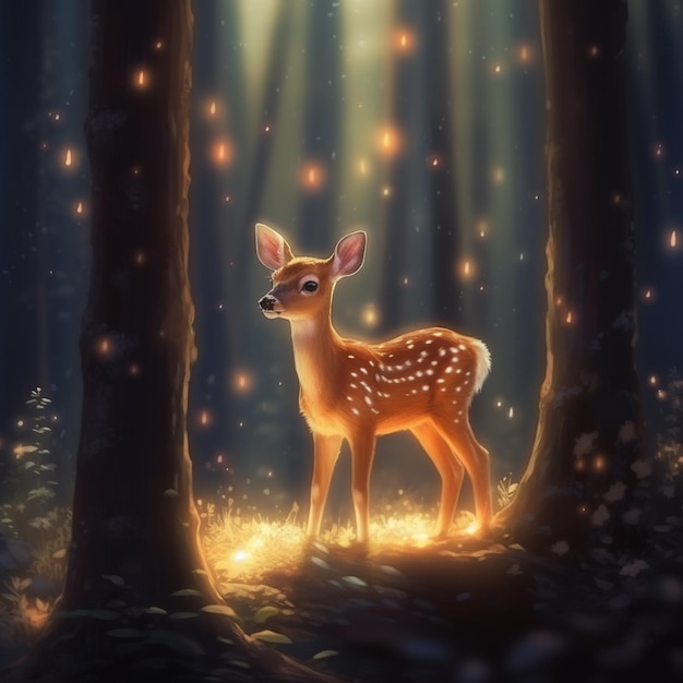 A deer in a forest with a fire in the background.