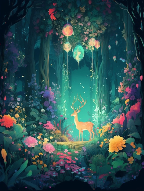 A deer in a forest with a flower on the bottom.