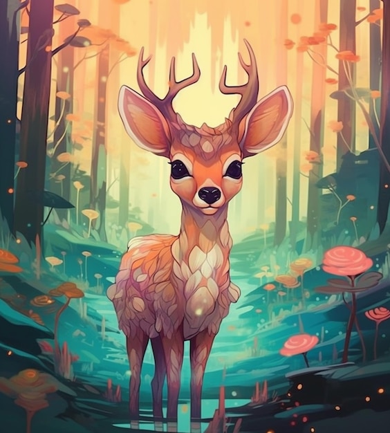 Deer in the forest with flowers and leaves generative ai