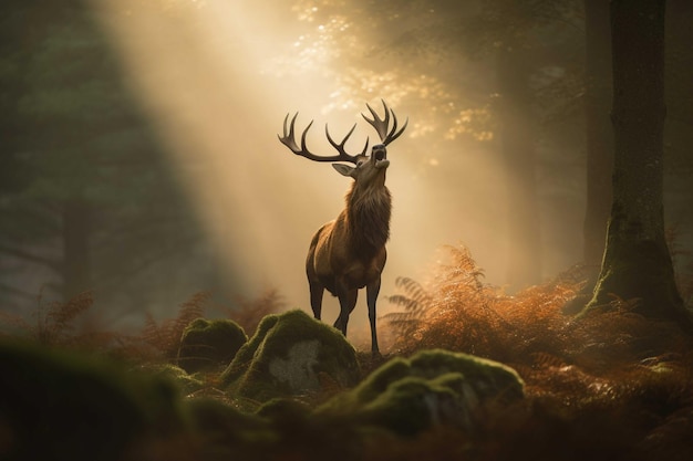 Deer in the forest with fog and fire