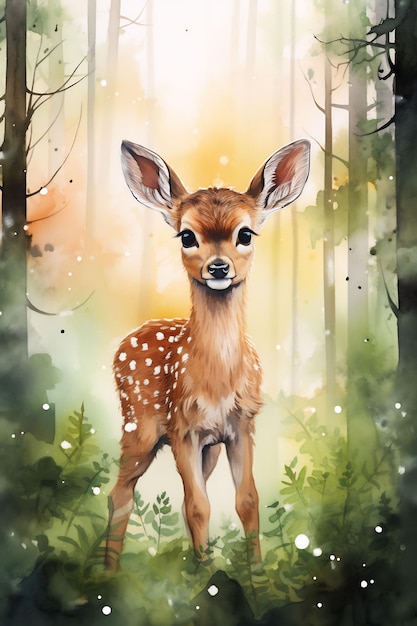 a deer in the forest with a forest background