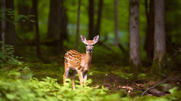 A deer in a forest with green leaves