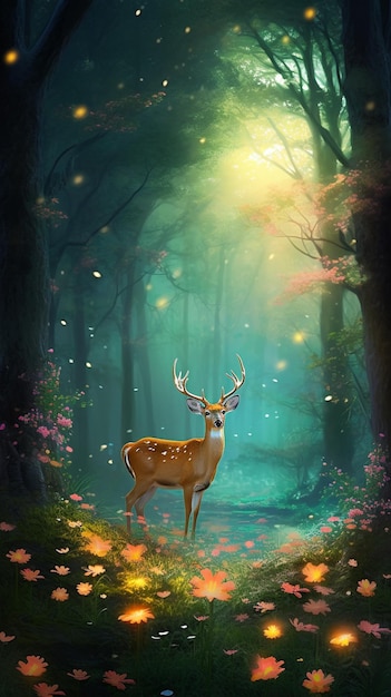 A deer in a forest with a light shining on it