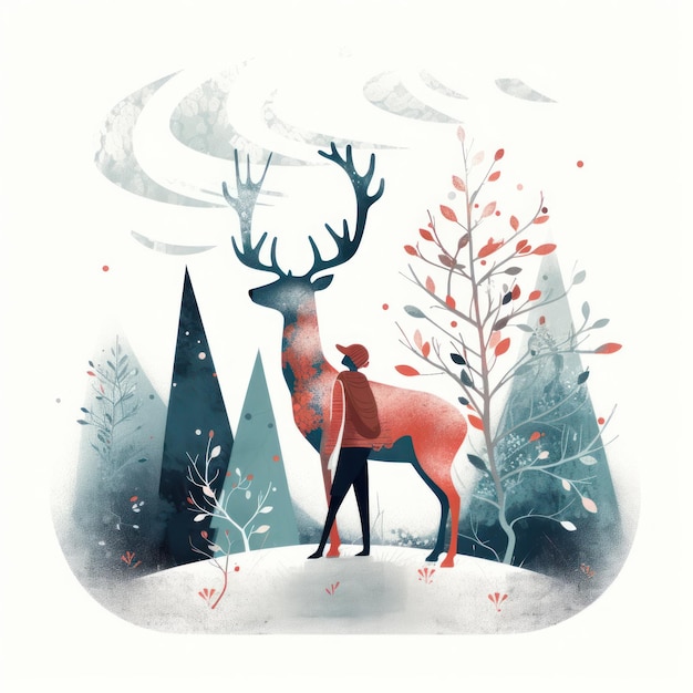 Олень в лесу с мужчиной в красном пальто и шляпе.