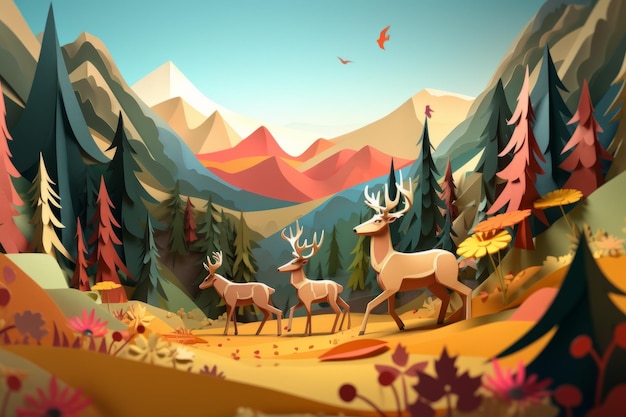 A deer in a forest with mountains in the background