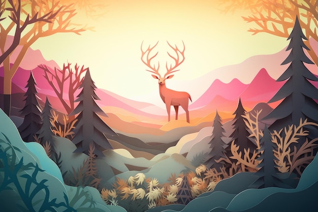 A deer in a forest with mountains and trees.