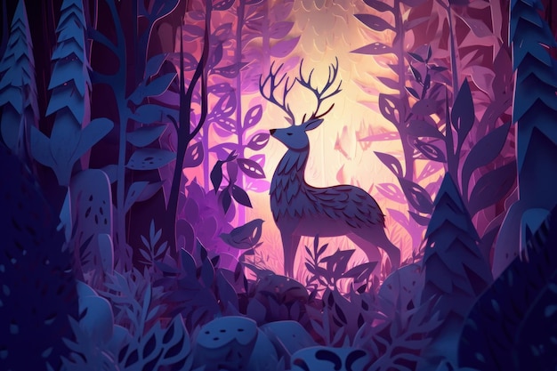 A deer in a forest with a purple background.