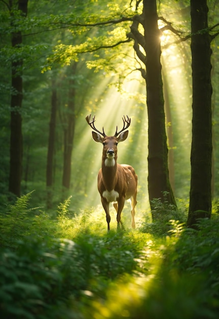 Deer in the forest with rays of sunlight