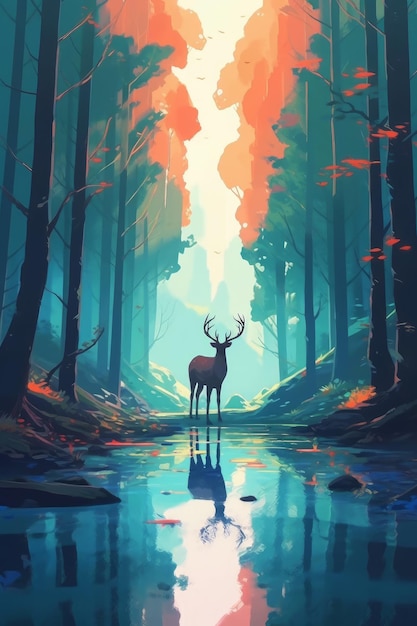 A deer in a forest with a red glow.