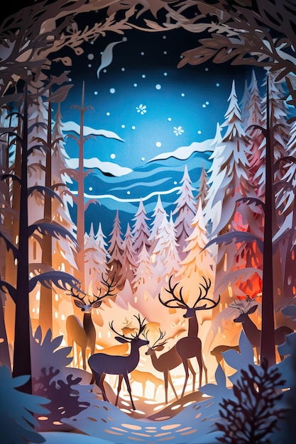 森の鹿と雪花と鹿