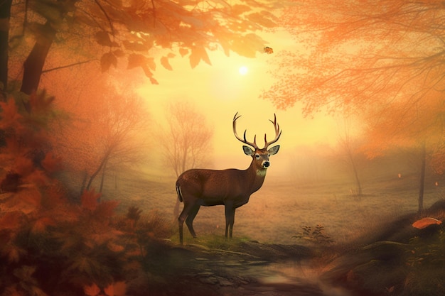 A deer in a forest with the sun shining on it