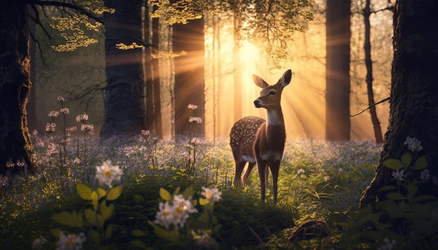 A deer in a forest with the sun shining through the trees