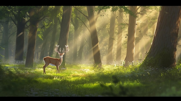 木々の間から太陽が差し込む森の中の鹿