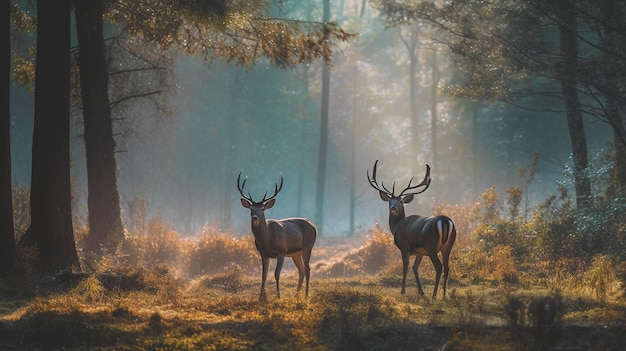 Deer in the forest with the sun shining on the trees